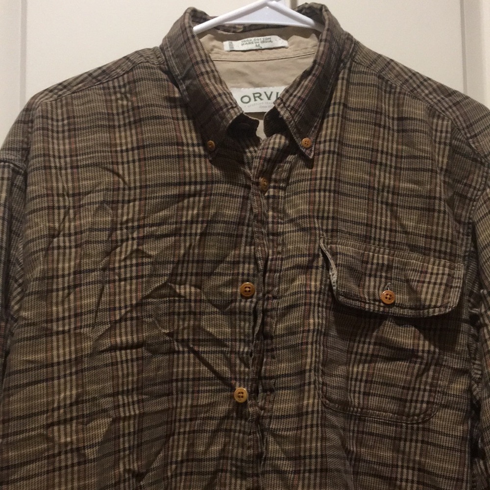 Orvis mens Plaid Button Down Long Sleeves Shirt 100% Cotton size M brown beige